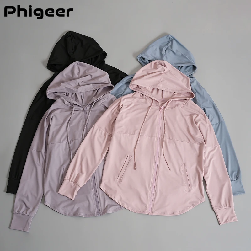 PHIGEER Women Lightweight Running Jacket Zip Up Hooded Sports Coat Sunscreen Shirt Loose Fit Outdoor Fitness Windbreaker Yoga