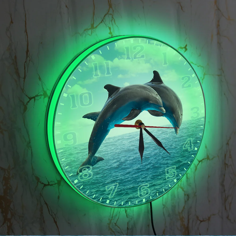 Two Jumping Dolphins Sea Animals Backlit Wall Clock For Living Room Seascape Blue Deep Ocean With Porpoise LED Nightlight Clock