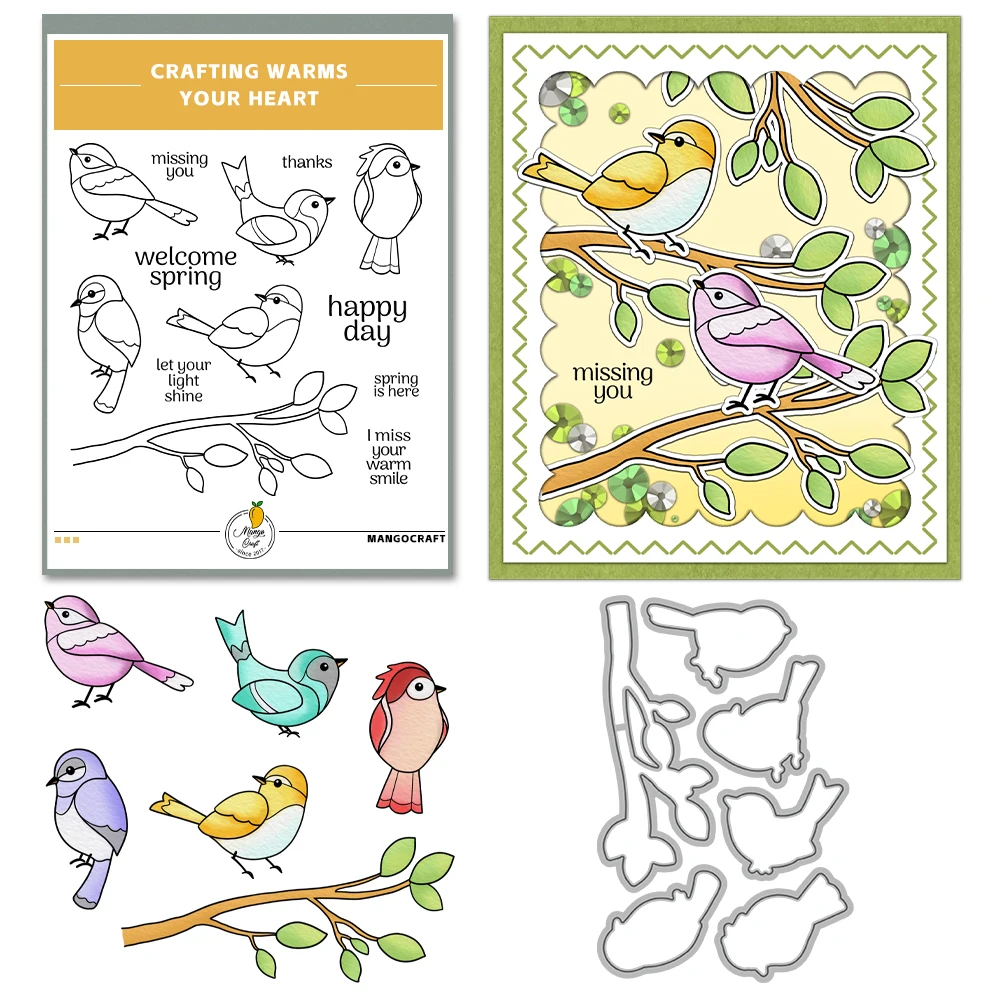 Mangocraft Spring Days Sparrow Birds Cutting Dies And Clear Stamp DIY Scrapbooking Metal Dies Silicone Stamps for Cards Albums