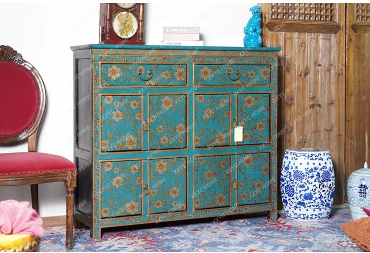 New Chinese solid wood retro side cabinet, foyer entrance three-dimensional pattern cabinet