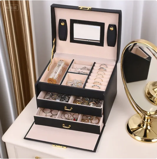 

Чехлы для ожерелья с кольцами, шкатулка для драгоценностей, новый 3-слойный органайзер для ювелирных изделий из искусственной кожи с замком для женщин