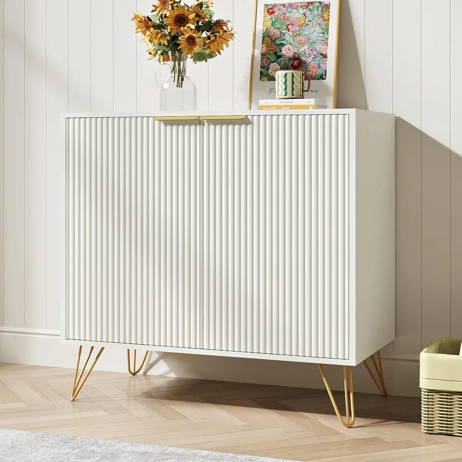 Fluted White and Gold Buffet Cabinet with Adjustable Shelf for Kitchen, Entryway, Office