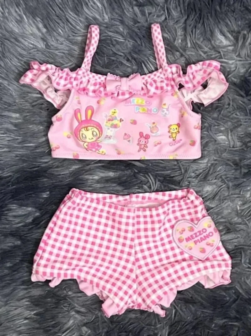 Cute Girls Lolita Ruffle Bikini Cosplay Pink Lattice Swimsuit Hem Biquini Women Off The Shoulder Cartoon Rabbit Printed Swimwear