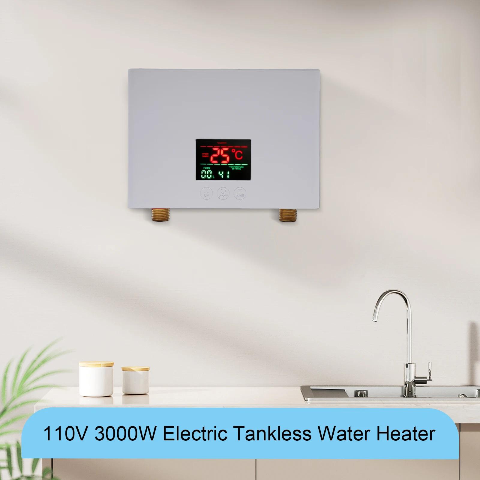 

LF-001A Mini Water Heater with Large Color Display (110V, 3000W ): Aluminum Cast, White/Black, Efficient and Modern Design