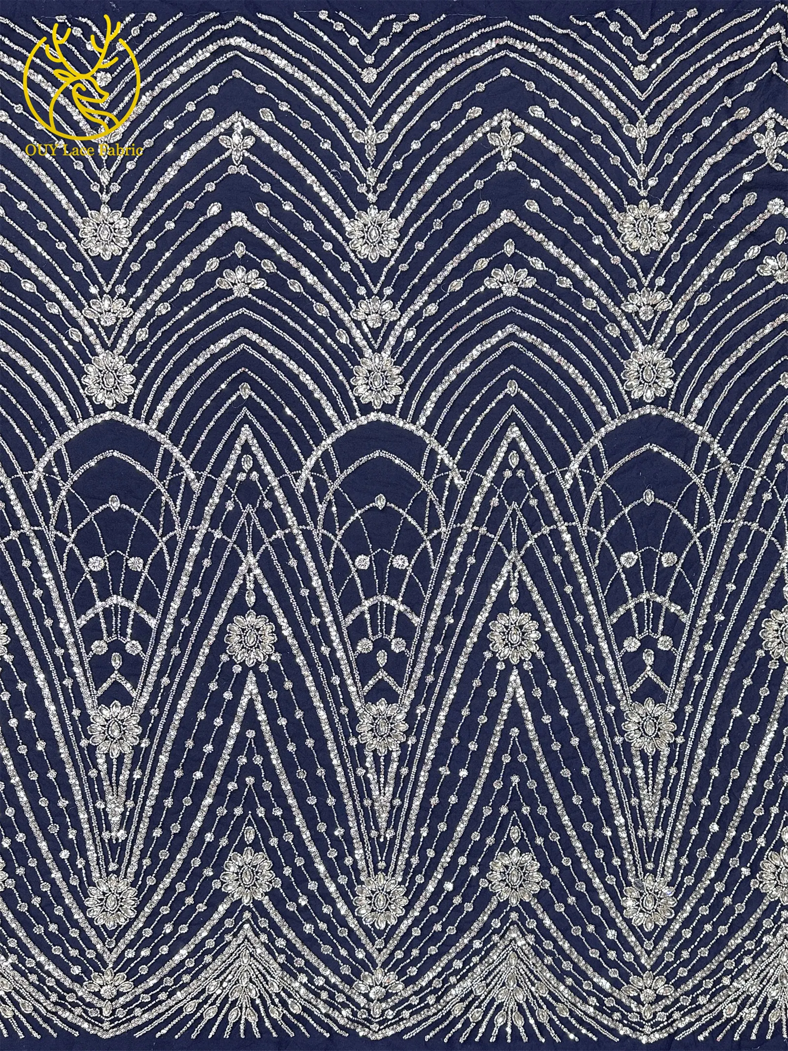 Lo último en tela de encaje de diamantes con cuentas africanas hechas a mano, lujoso vestido de novia de tela de encaje transparente azul marino con lentejuelas nigerianas 2026