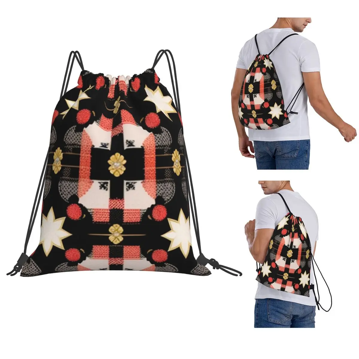 

Preppy Peach And Black Star Backpacks Multi-function Drawstring Bundle Pocket Sports Bag Book Bags for Travel Students