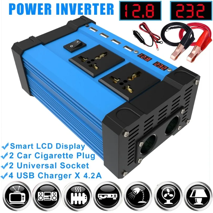 インバーター300wコンバーター12v→220v-110vインテリジェントlcdデュアルディスプレイ4usb42a急速充電ユニバーサルソケット