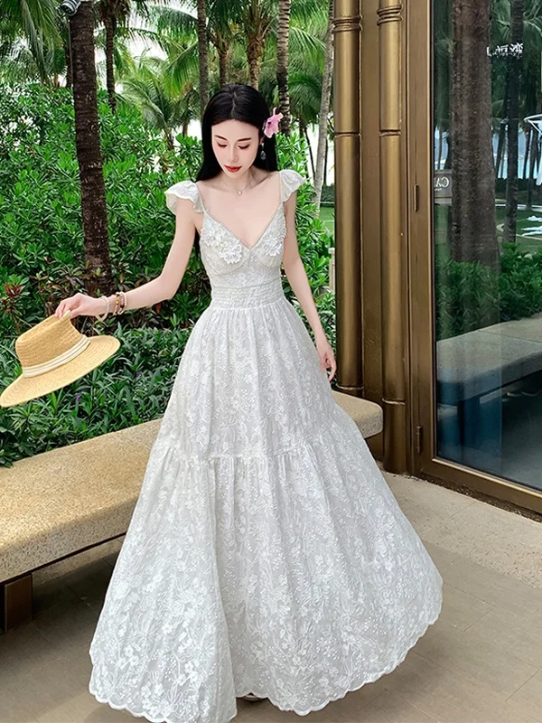 Beachy White Lace Stickerei Strapl Bal Dr Island Aosphere Schöner Rock Hohe Taille Baumwoll-Polyester-Mischung Sum...