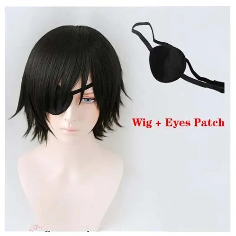 Himeno peruca motosserra homem preto curto fofo em camadas cabelo sintético com olhos remendo resistente ao calor traje festa jogar