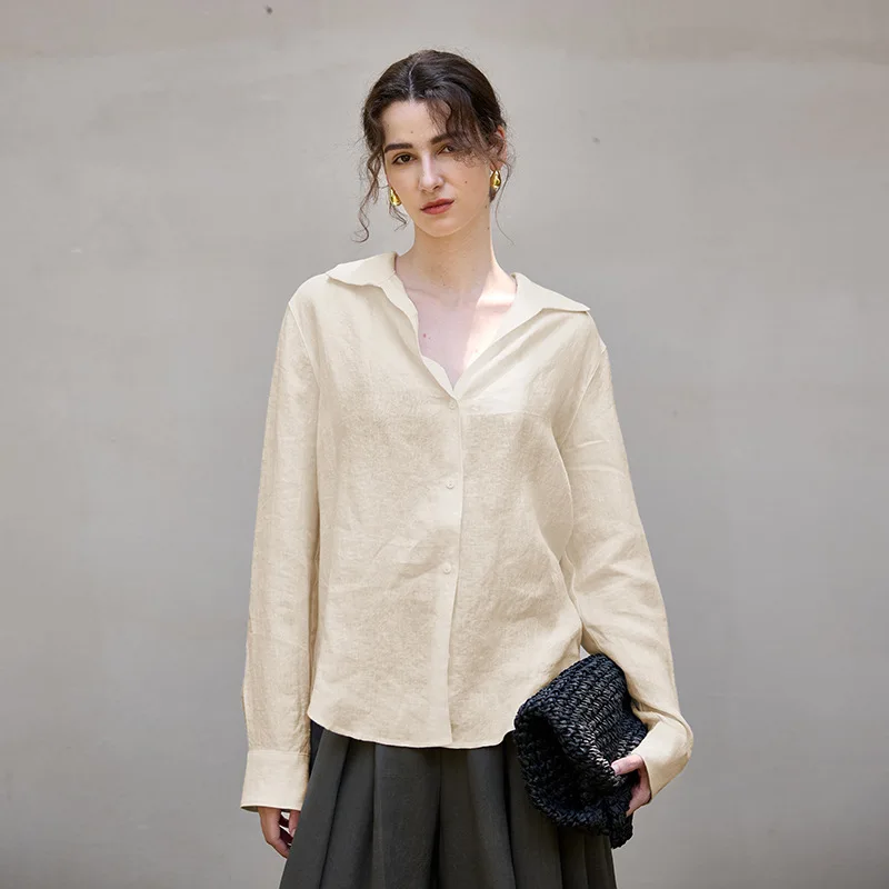 Camicie da donna vintage 100% lino manica lunga abbottonata colletto rovesciato High Street Fashion camicetta casual allentata da ufficio Lady Chic