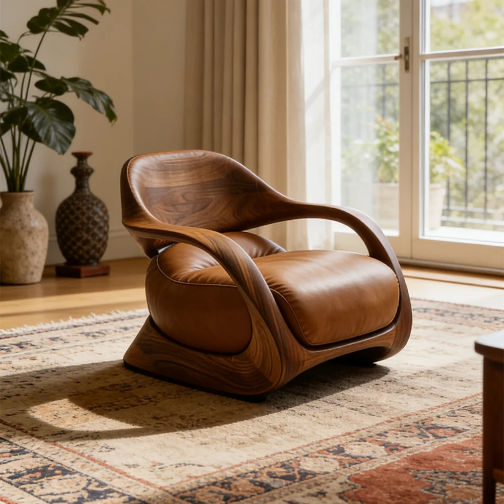 #Walnut Wood Curved Frame Leisure Chair: Brown Leather Seat For Contemporary Home Interior