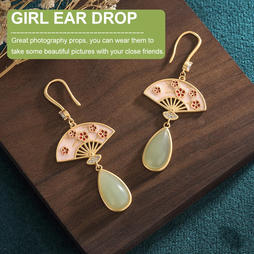 

1Pair Palace Fan Shape Earrings Creative Jade Ear Drops for Women Classical Chinese Style Ear Decoration Jade Earrings