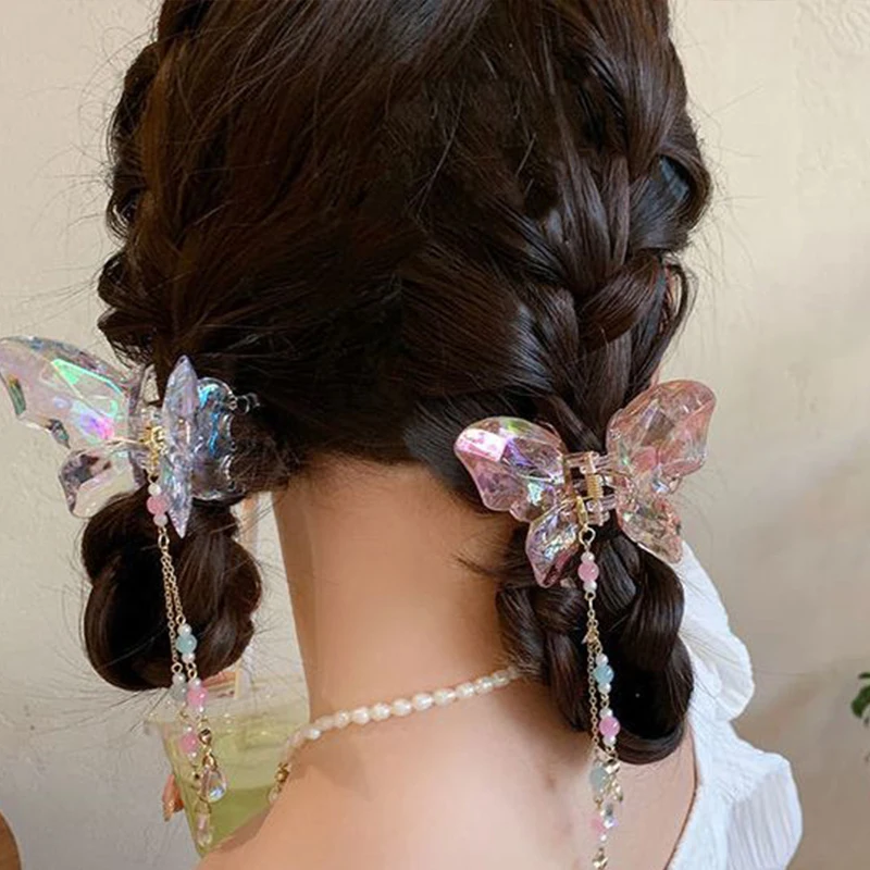 Crystal Butterfly Tassel Hair Claw Horsetail Hair Crab Clip Ladies Sweet Pendant Hair Claw Headdress Grab Clip Wholesale