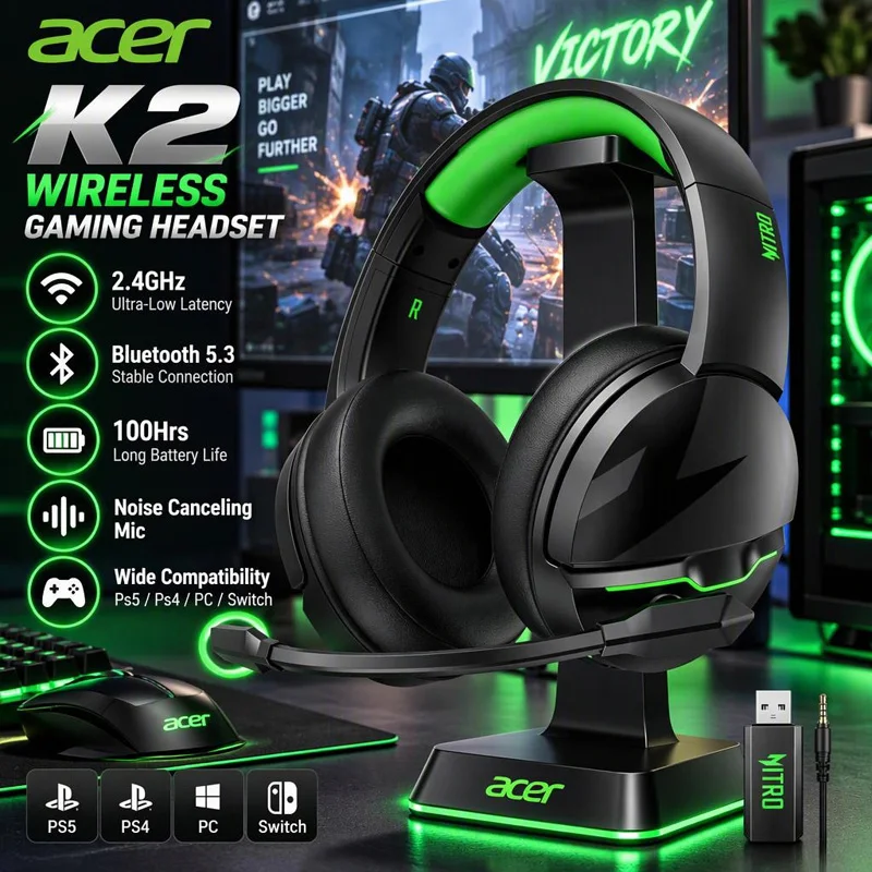 Acer K2 Wireless Gaming Headset with 2.4GHz for Ps5,Ps4,PC,Switch,100Hrs Gaming Headphone Bluetooth 5.3 with Noise Canceling Mic