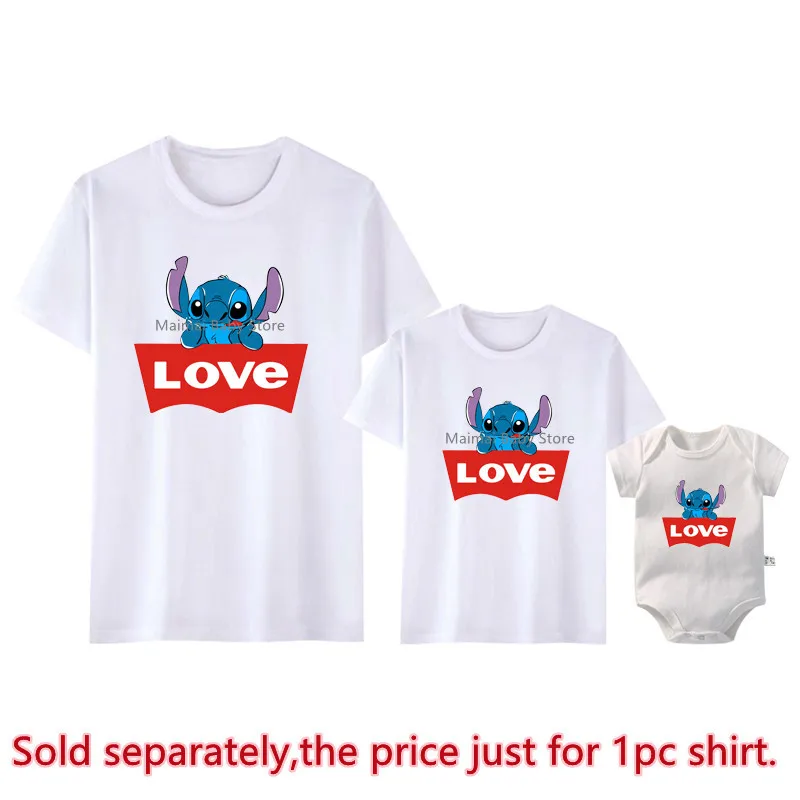 New Disney Stitch Love Print Family Matching Shirts Cotton Dad Mom Kids Tshirts Funny Look Disneyland Trip Outfits Clothes Gifts