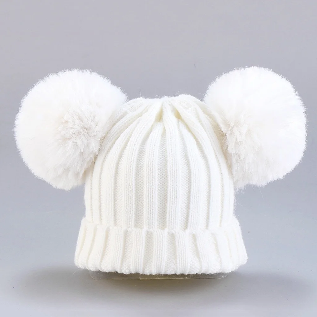 

Newborn Baby Kids Girls Boys Winter Warm Hat With Two Furry Balls Solid Warm Cute Lovely Beanie Cap Gifts