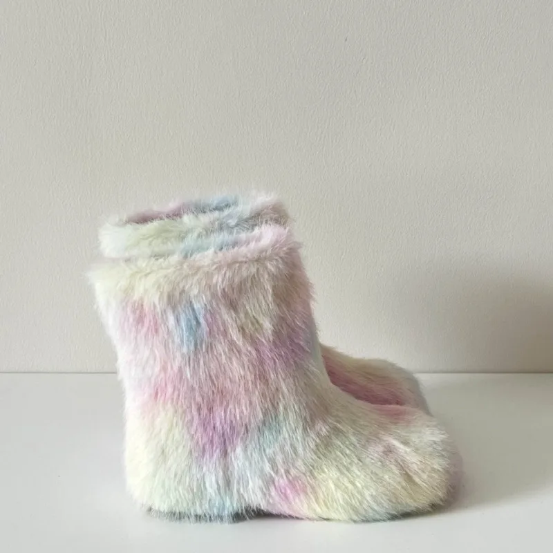

Пушистые ботильоны для маленьких девочек, новинка 2025, стильная детская меховая обувь ярких цветов, детские плюшевые ботинки, леопардовая зимняя обувь для девочек