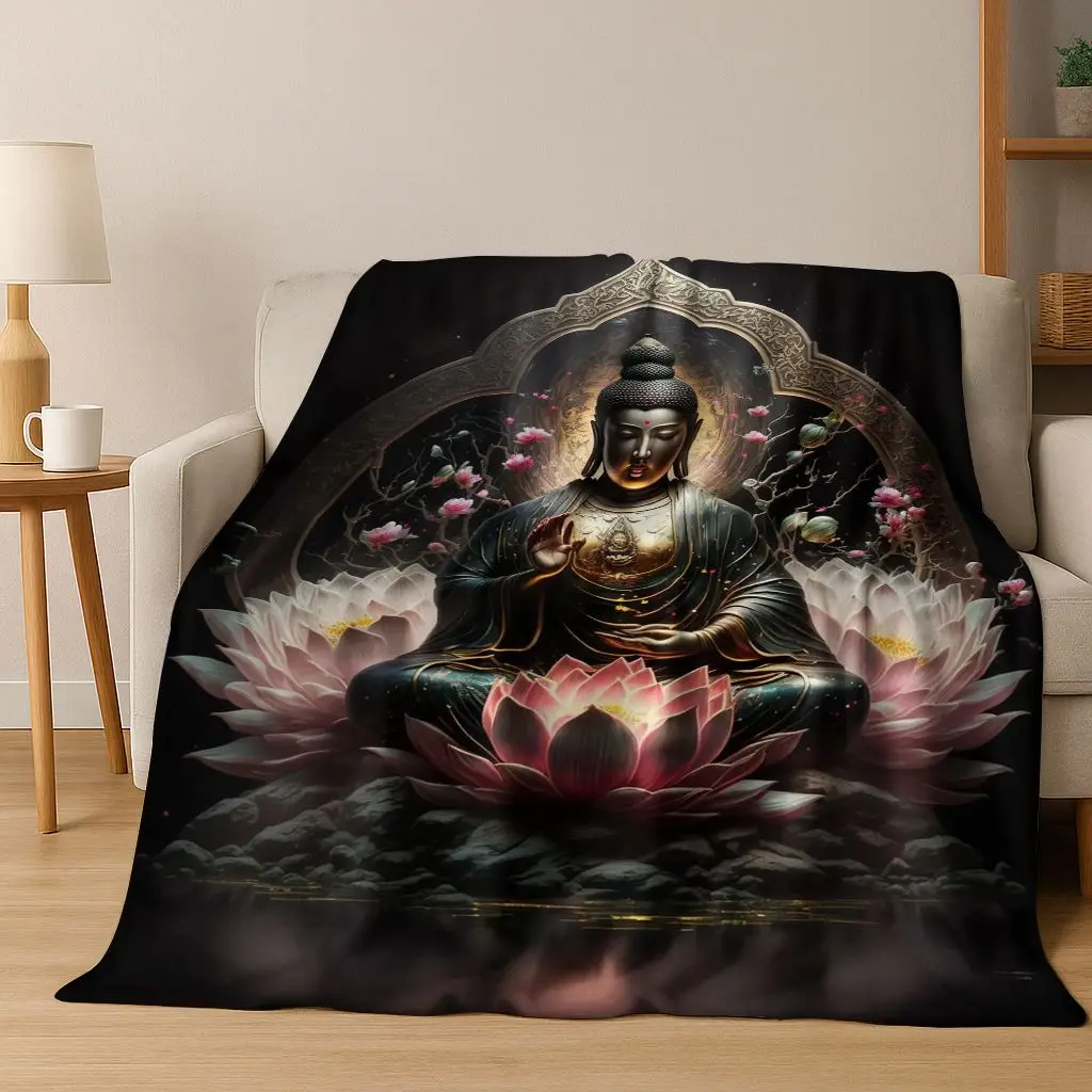 Faith Solemn Buddha Sakyamuni Flower Flannel Blanket,Cozy Soft Throw Blanket for Home Bedroom Bed Sofa Picnic Cover Gift Kids