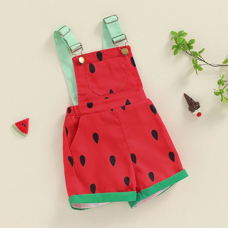 Toddler Watermelon Suspender Shorts Baby Girl Denim Romper Sleeveless Straps Jumpsuit Kids Wide Leg Jeans Overalls