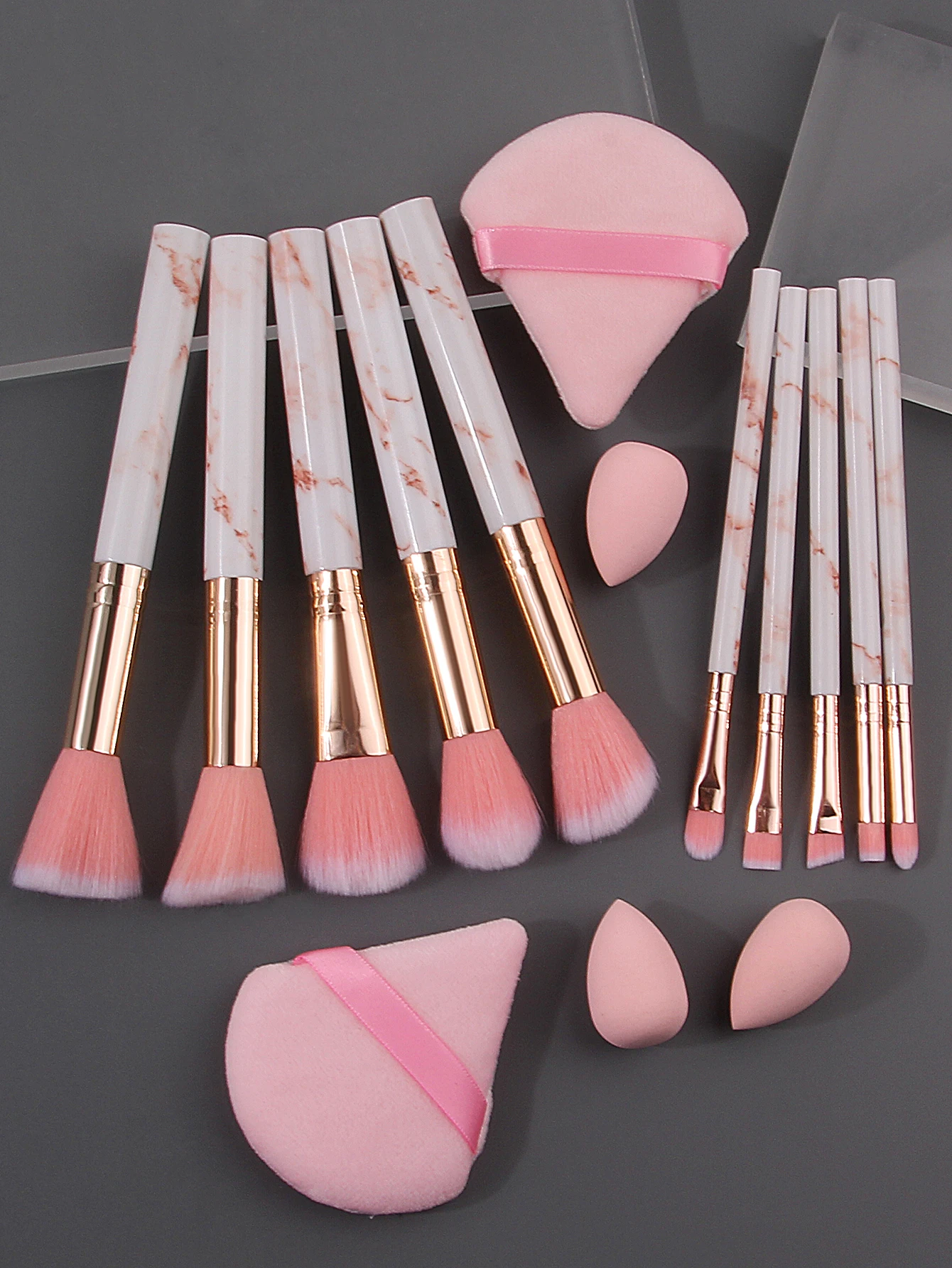 Makeup brush Sponge Powder puff set: 10 makeup brushes +2 pink fan-shaped powder puffs +3 mini multi-functional sponge eggs