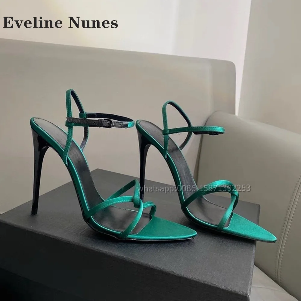 Green Narrow Band Women Heels Pointed Toe Stiletto One Word Buckle Side Air Satin Sandals Patchwork Sexy Elegant Shoes 2024 New