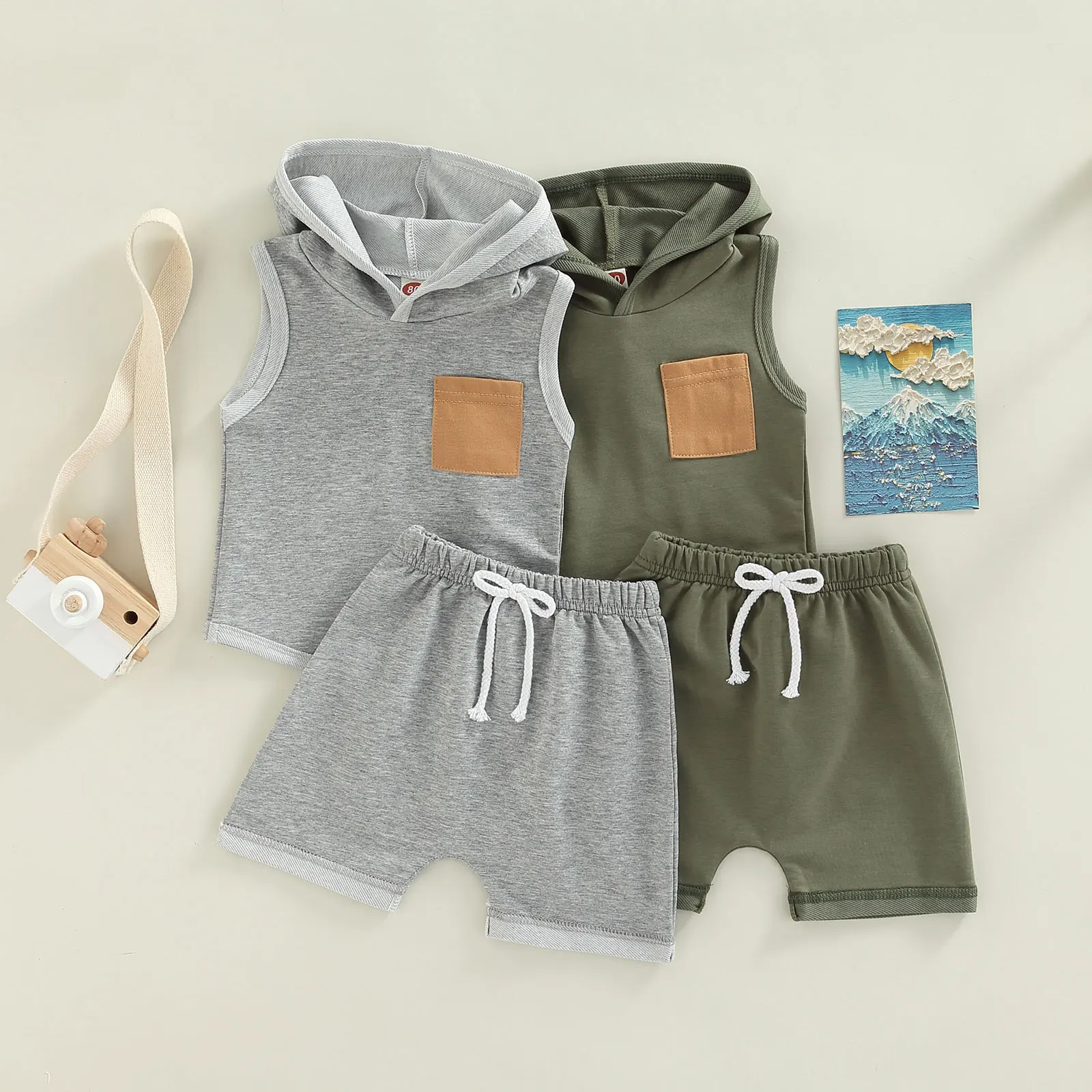 2022-05-16 Lioraitiin 0-3Years Toddler Baby Girl Boy 2Pcs Summer Clothing Casual Sleeveless Hooded Top Shorts 2Styles