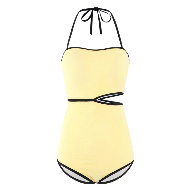 2025 New Women's One-Piece Swimsuit Sexy Hollow out Yellow Leisure Swimming Suit Belly Cover up Thermal Spring Swimming Costume