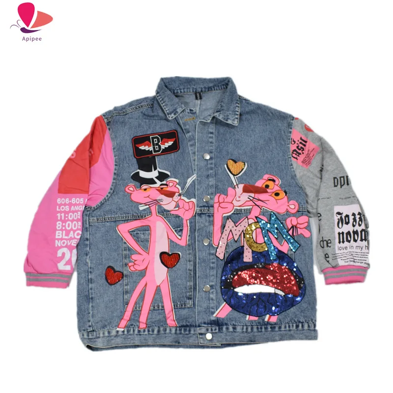 Newest 2024 Spring And Autumn Denim Jacket Woman Sequin Splice Thin Coat Anime Cartoon Alphabet Casual Jacket