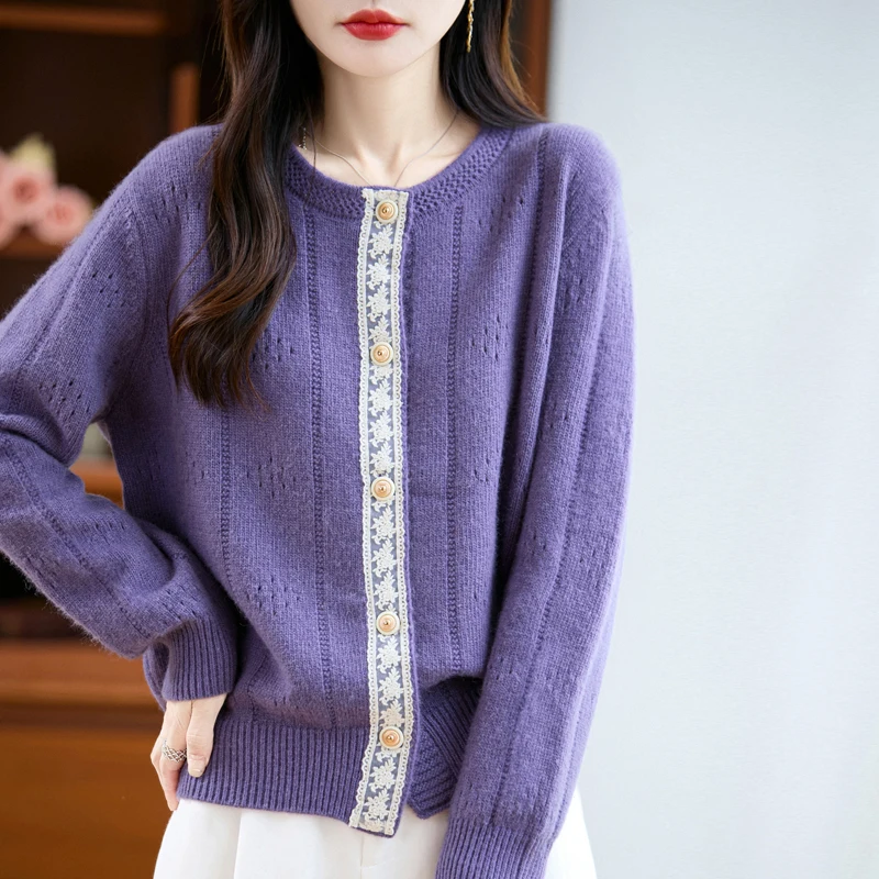 Color matching sweater cashmere knit cardigan loose coat hollow short coat thick bottoming shirt