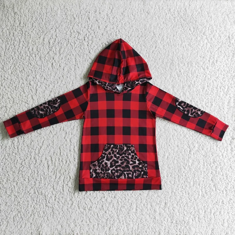 

Wholesale Toddler Hoodie Shirt Sportswear Christmas Baby Girl Plaid Pocket Unisex Tee Sweatshirt Children Hooded Red New Clothes