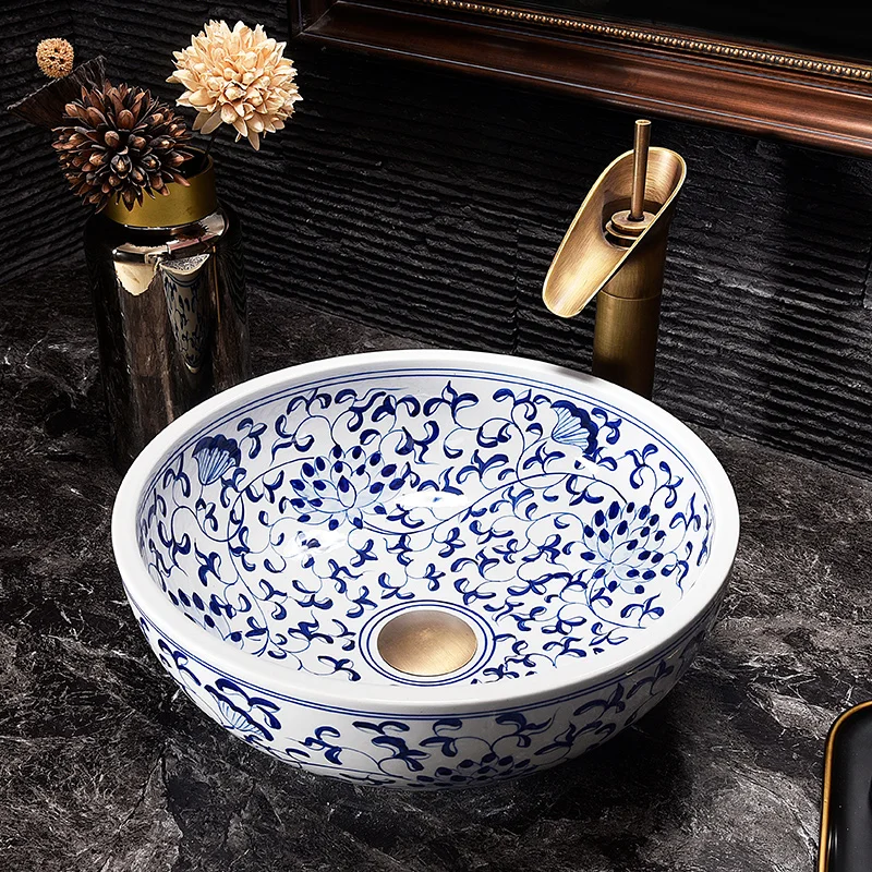 Traditional Blue and White Porcelain Hand Painted Flower Decor Ceramic Counter Top Wash Basin Bathroom Vessel Sink Lavabo Bowl