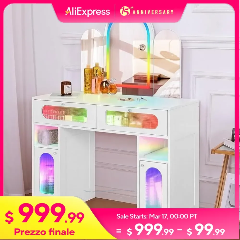 RGB Vanity Desk with Tri-fold Mirror 2 Drawers Vanity Table Gifts for Girls/Women Dressing Table