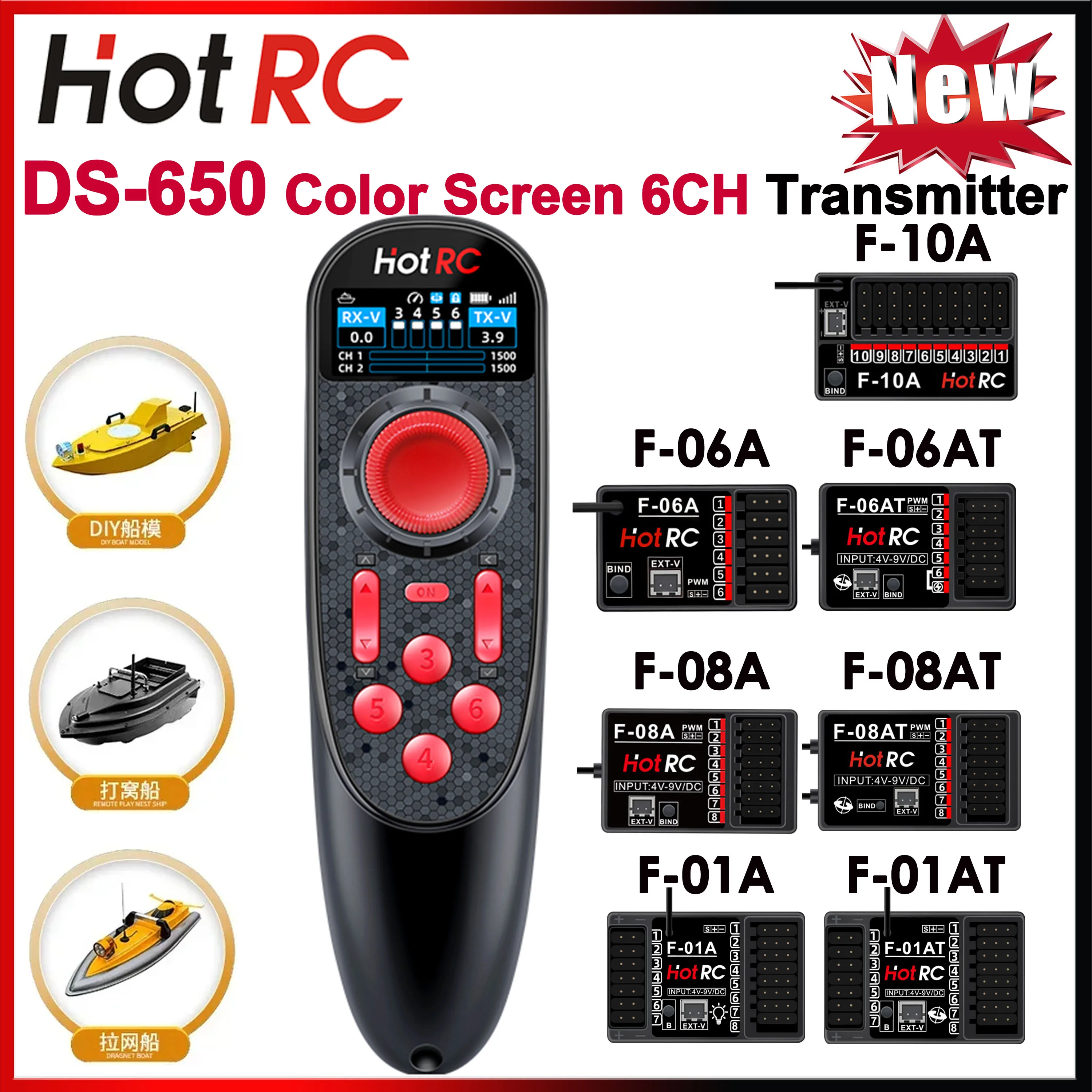 HOTRC DS-650 DS650 6CH 2.4G Radio System Remote Controller Color Screen Transmitter F-06A F-06AT Gyro Receiver for RC Boat DS600