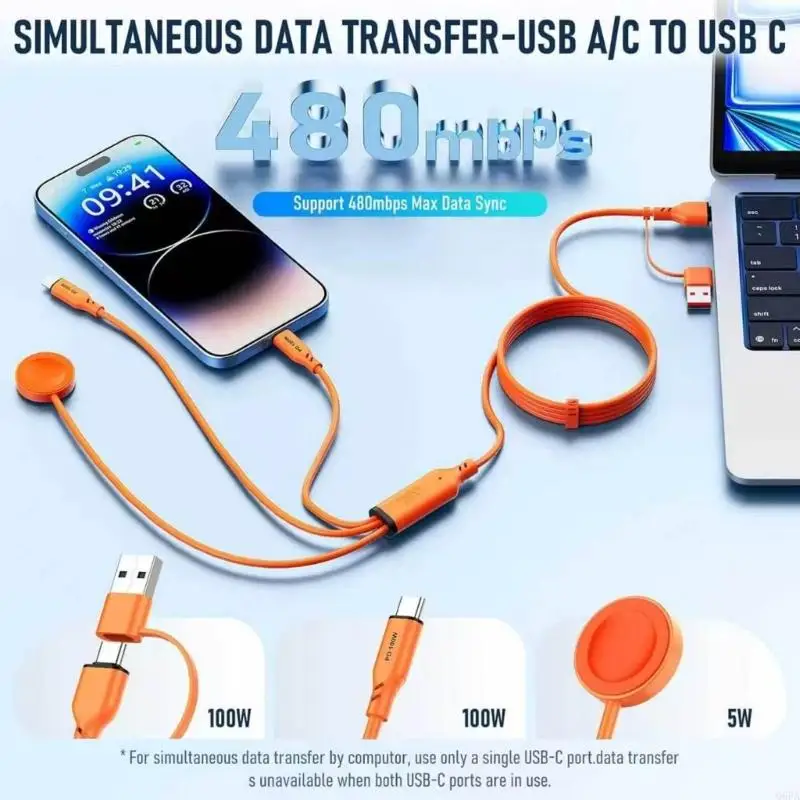 Q6PA 100W USB C Multi Charging Cable with Branched Connection, Watch Charging Cord and Reinforced
