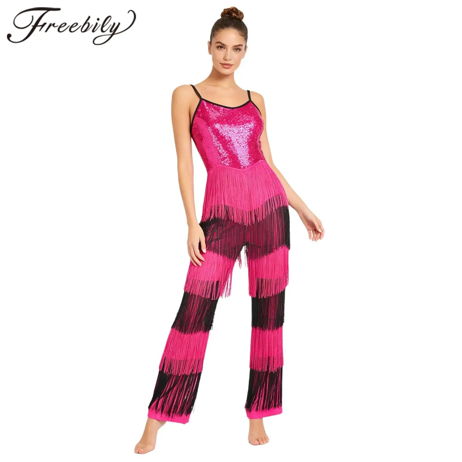 Women 70s 60s Disco Costume Tango Cha-cha Dancewear Shiny Sequin Tassel Latin Dance Jumpsuit Adults Salsa Samba Rumba Outfits