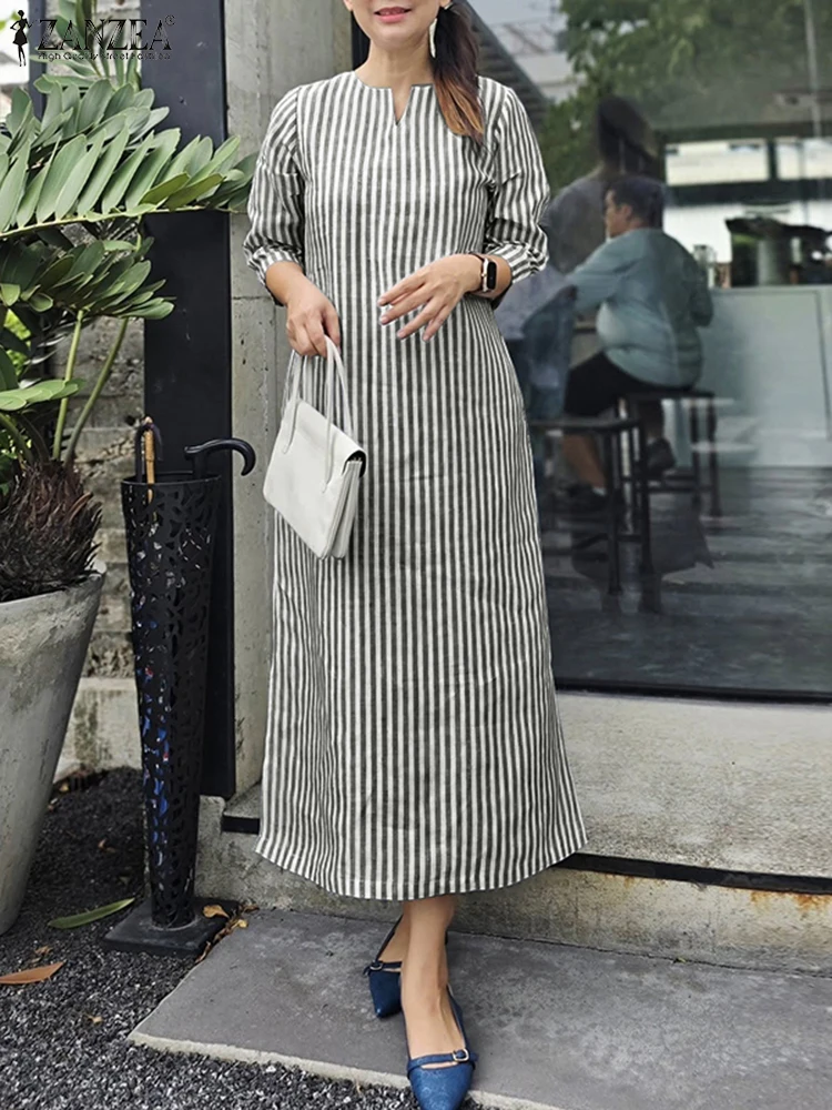 2025 outono vestidos listrados zanzea moda feminina com decote em v manga longa vestido de trabalho elegante escritório ol vestido maxi longo robe