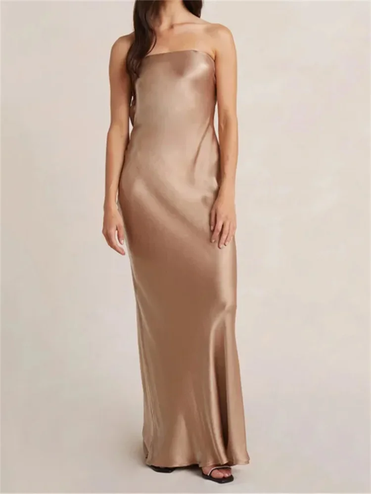 ชุดราตรีเดรสยาวสำหรับผู้หญิง งานปาร์ตี้ ดีไซน์เปิดหลัง สายเดี่ยว ทรงตรง ชุดฤดูร้อน เซ็กซี่ หรูหรา