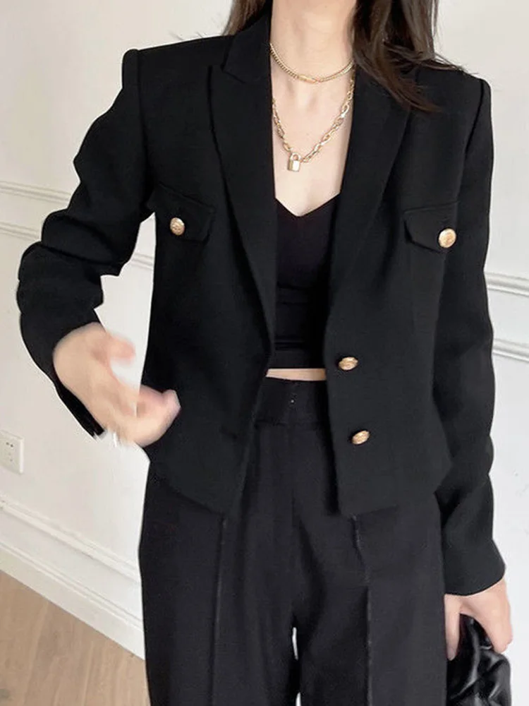 Zoki Casual Black Blazer Coats Women Fashion Slim Long Sleeve Elegant Short Jackets Fall Korean Double Buttons Office Lady Tops