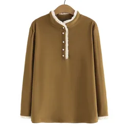 Camiseta con cuello levantado de encaje para mujer, camisetas de lana cálidas y de doble cara de talla grande, Tops informales sencillos y lisos, otoño, invierno