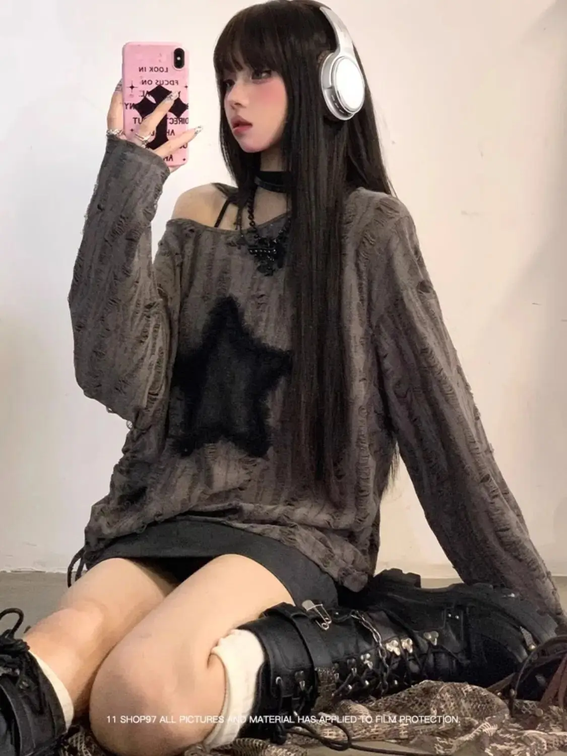 

American Ripped Star Print Long-sleeved T-shirt for Women in Spring and Autumn Loose Slim Drawstring Round Neck Casual Top