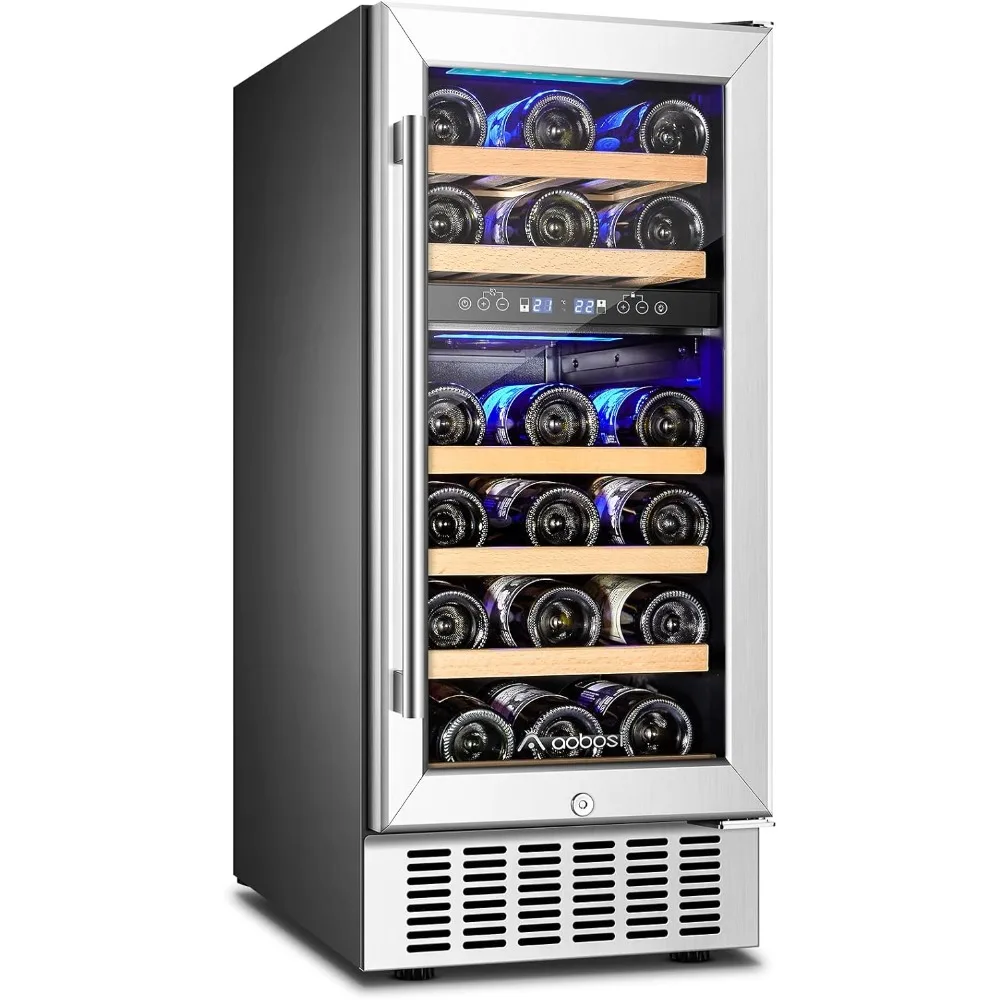 

Upgraded 15 Inch Wine Cooler, 28 Bottle Dual Zone Wine Refrigerator with Stainless Steel Tempered Glass Door,Memory