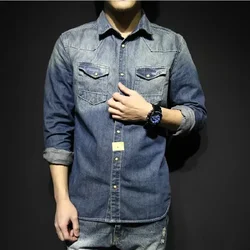 Vintage Distressed Washed Denim Shirts for Men England Style Slim Fit Long Sleeve Blouse Heavy Weight Retro Youth Male Tops