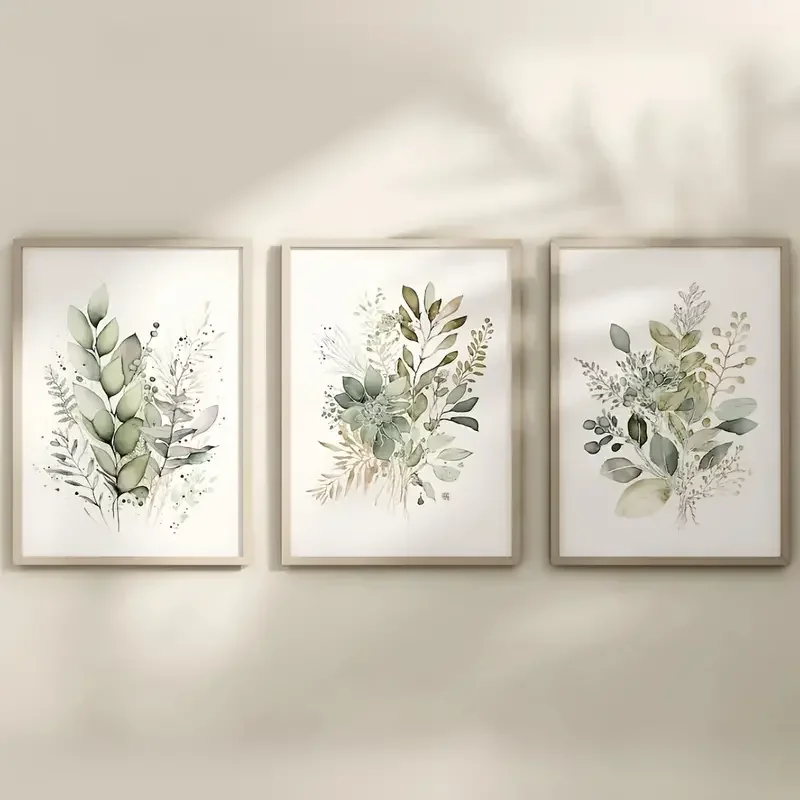 3pcs Watercolor Botanical Canvas Print Wall Art Sage Green Beige Wild Flowers Artwork Floral Bundle Modern Home Decor For Living