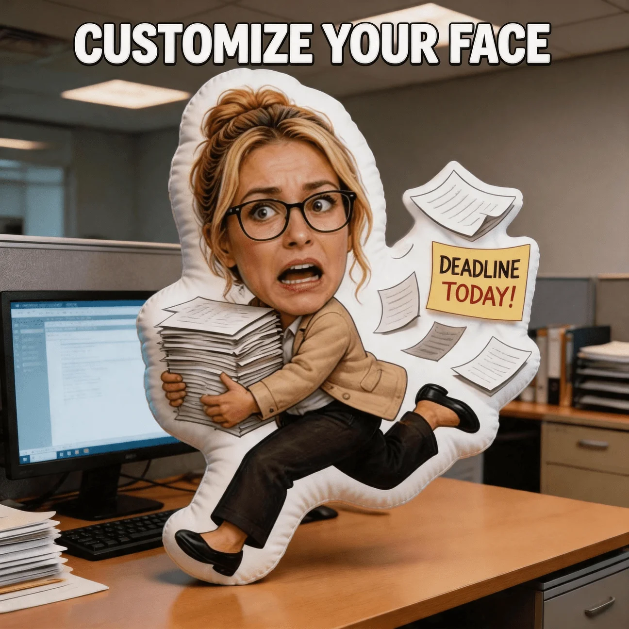 Custom Face Funny Shaped Pillow, Office Worker Running with Papers Custom Photo Decorative Cushion with Double-Sided Printing, 6