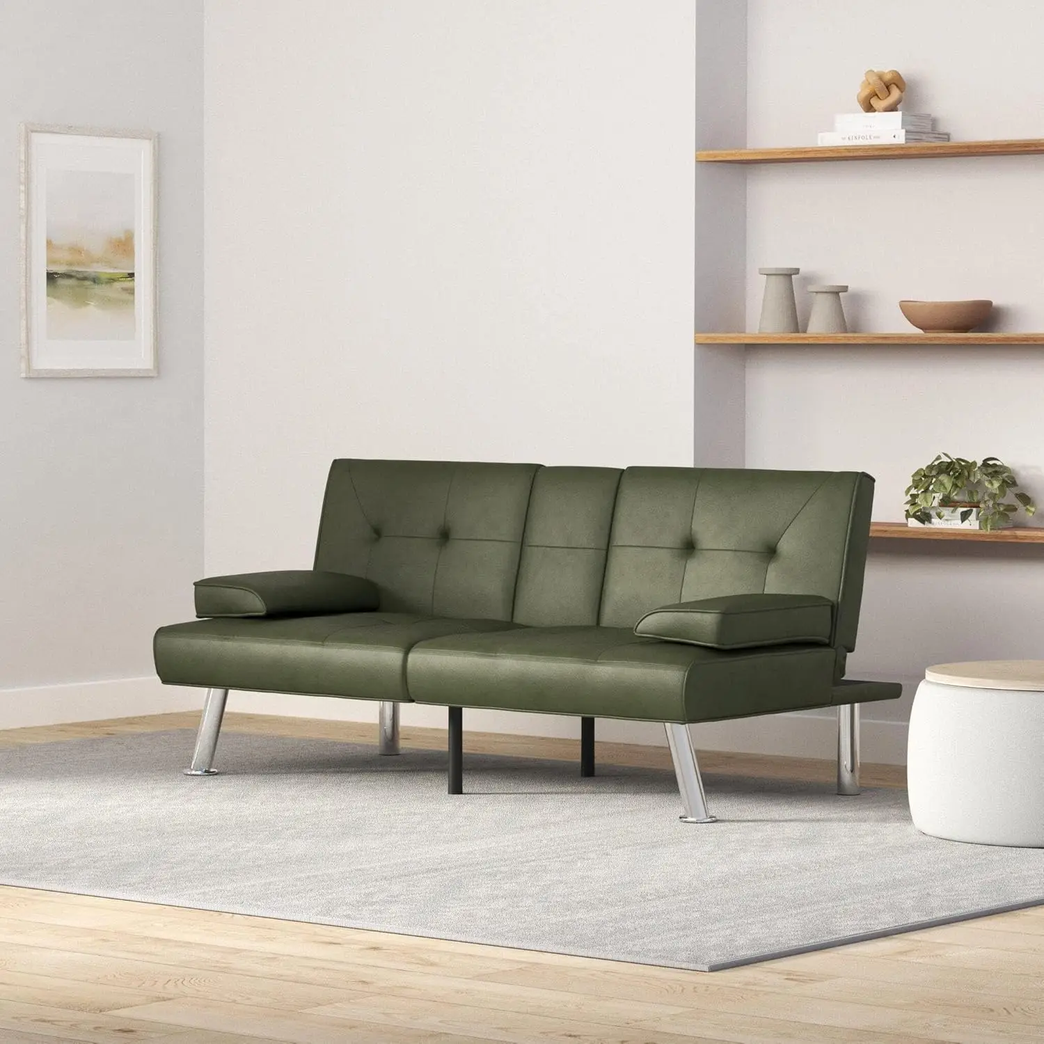 Faux Leather Upholstered Modern Convertible Futon, Adjustable Folding Sofa Bed, Guest Bed w/Removable Armrests - Dark Green