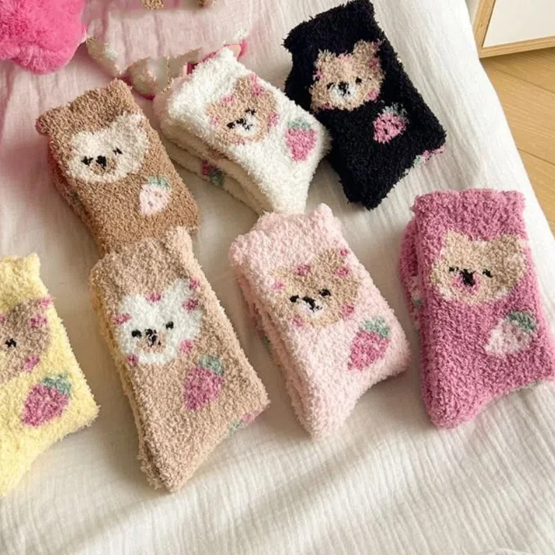 7Pairs Cute Cartoon Bear Fleece Socks Thicken Plush Coral Fleece Socks Kawaii Soft Winter Floor Socks Fall/Winter