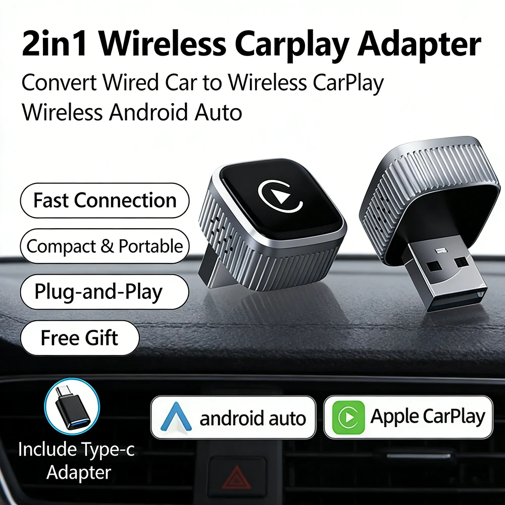 2026 Mini Wireless CarPlay Adapter Upgrade Wired to Wireless for CarPlay & Android Auto Plug and Play Fast Auto-Reconnect Stable
