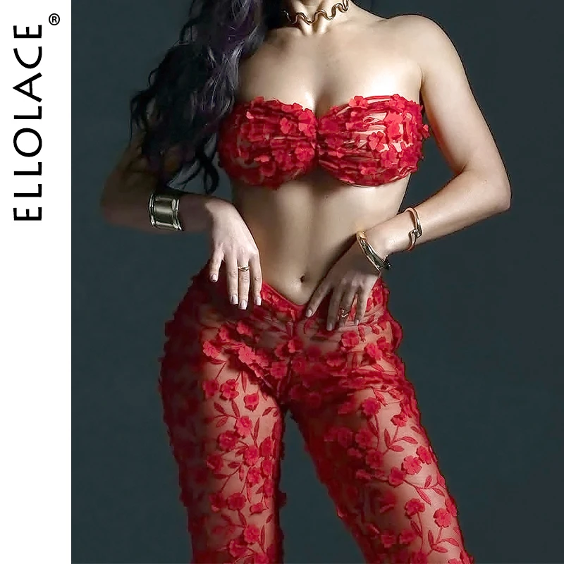 

Ellolace Erotic Sexy Lingerie For Women Elegant 3PC Pants Hilitos Strapless Bra 3D Floral Set Intimate See Through Clubwear