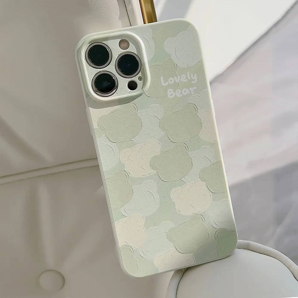 Funda de silicona con dibujo de oso verde para iPhone, carcasa bonita con dibujo al óleo para modelos 12, 13 y 11Pro, 15pro Max 14Plus