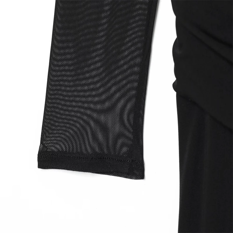 Robe longue en maille noire à manches longues pour femmes – Col carré, taille froncée, robe de soirée transparente et élégante